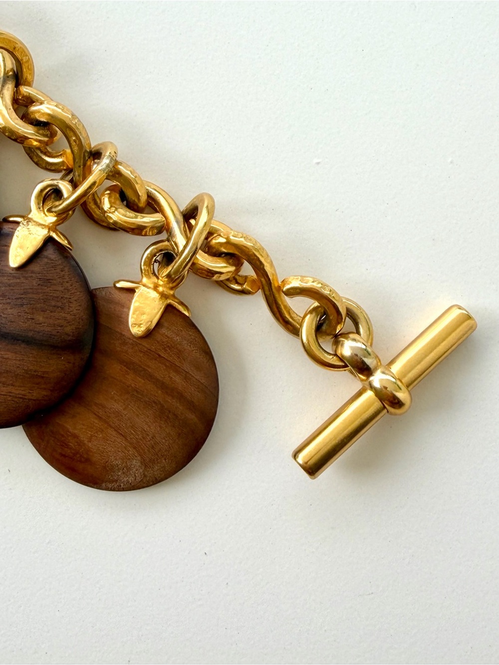 Celine Vintage Gold-Tone Chain Bracelet with Brown Wood Disc Charms - Picture 6 of 13